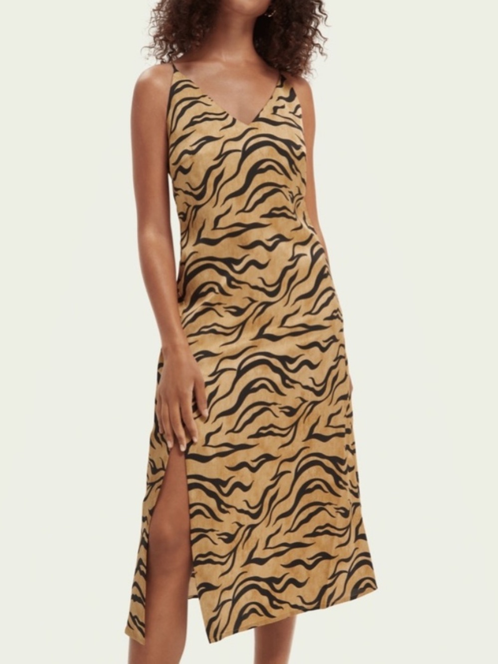 Scotch & Soda Tiger-Print V-Neck Midi Slip Dress - S